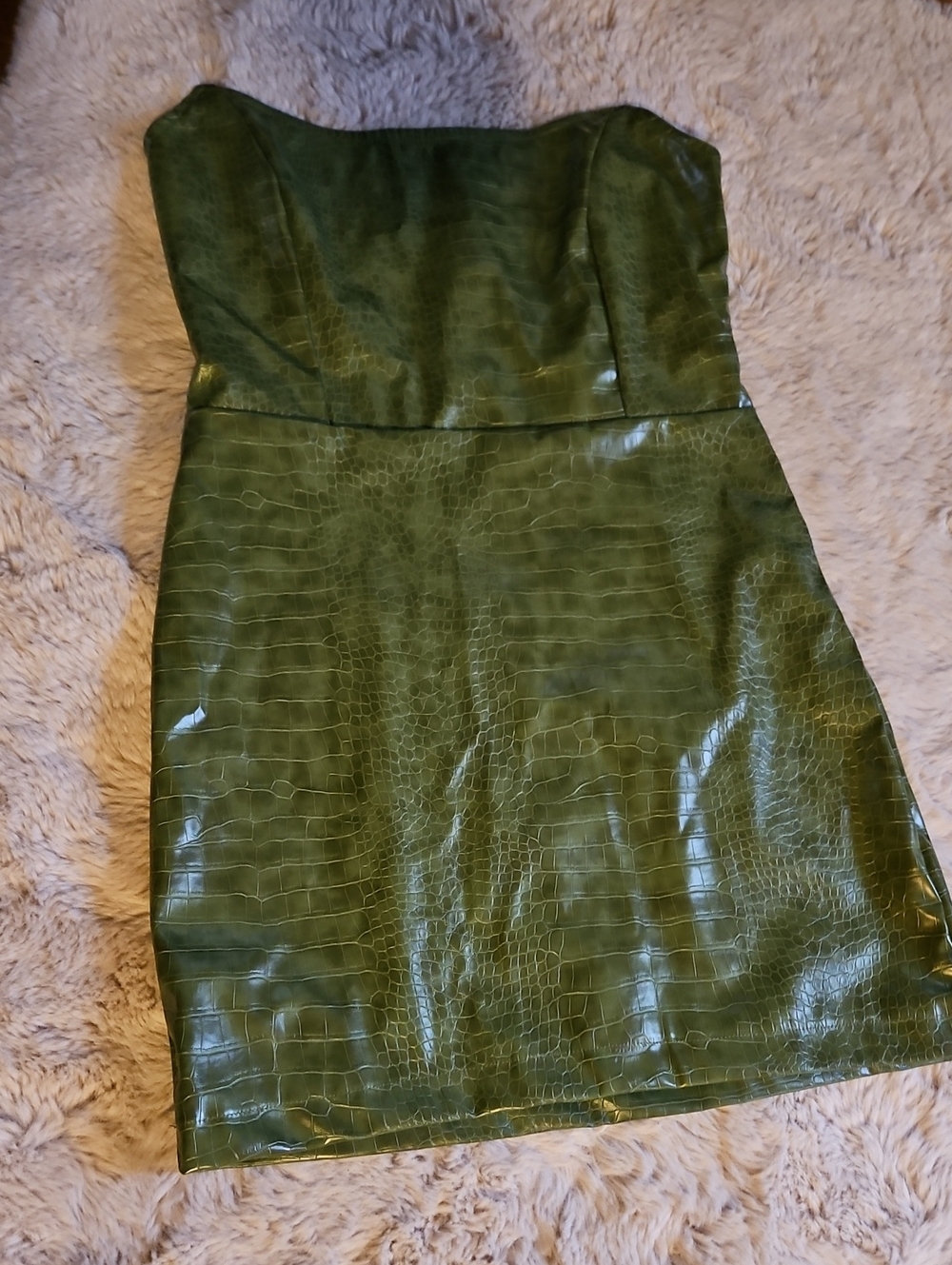Fashion Nova Strapless Olive Green Faux Croc Mini Dress